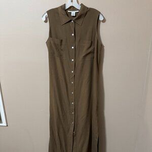 90s Natural Instincts Silk Maxi Shirt Dress | 90s Button-Front Brown Sleeveless